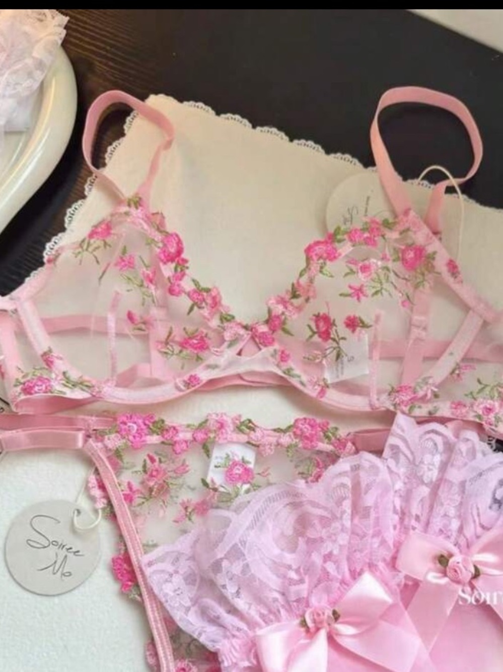 Floral Embroidered Pink Garter Lingerie Set